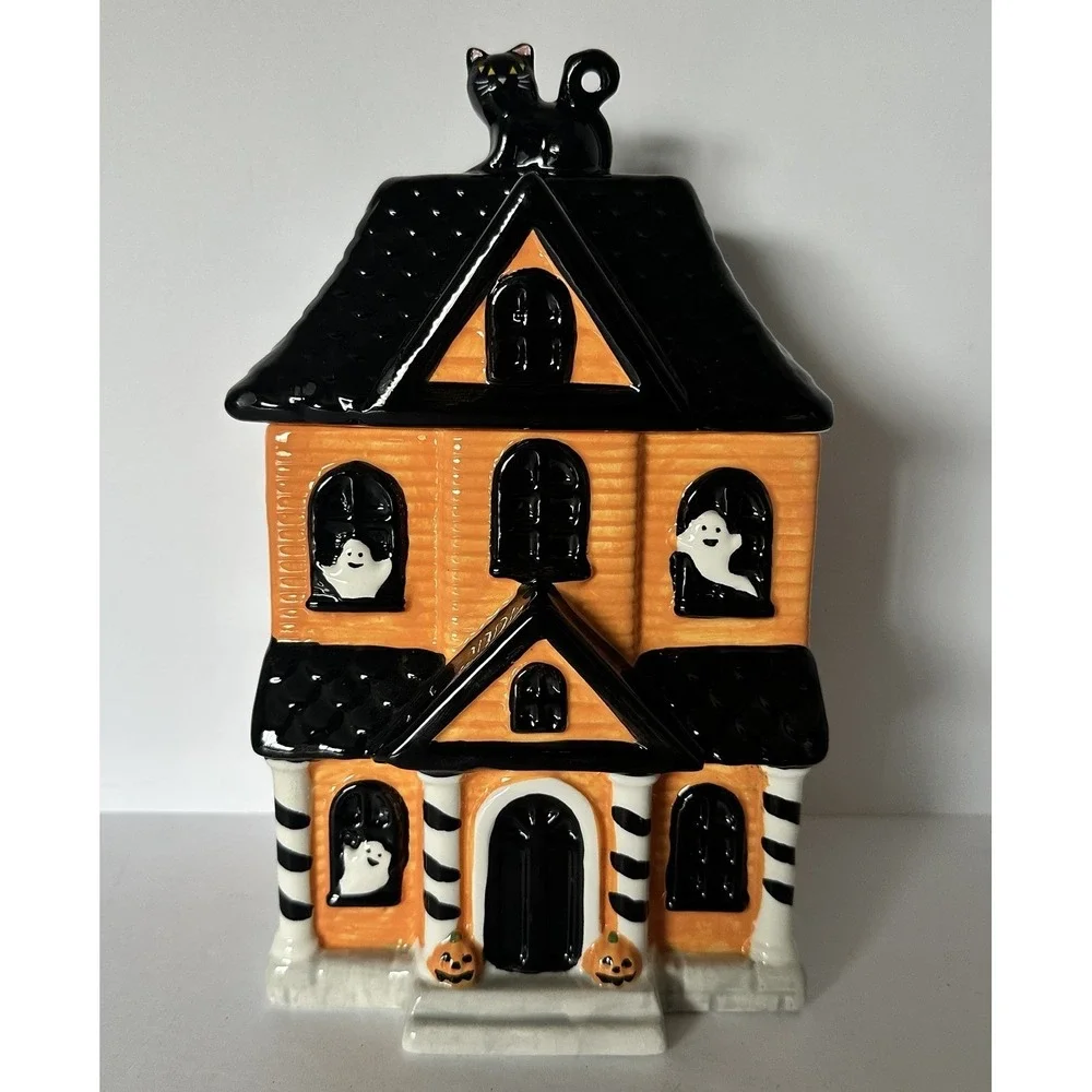 Jack Lantern Lane Haunted House Ghost Cat Halloween Ceramic Cookie Jar